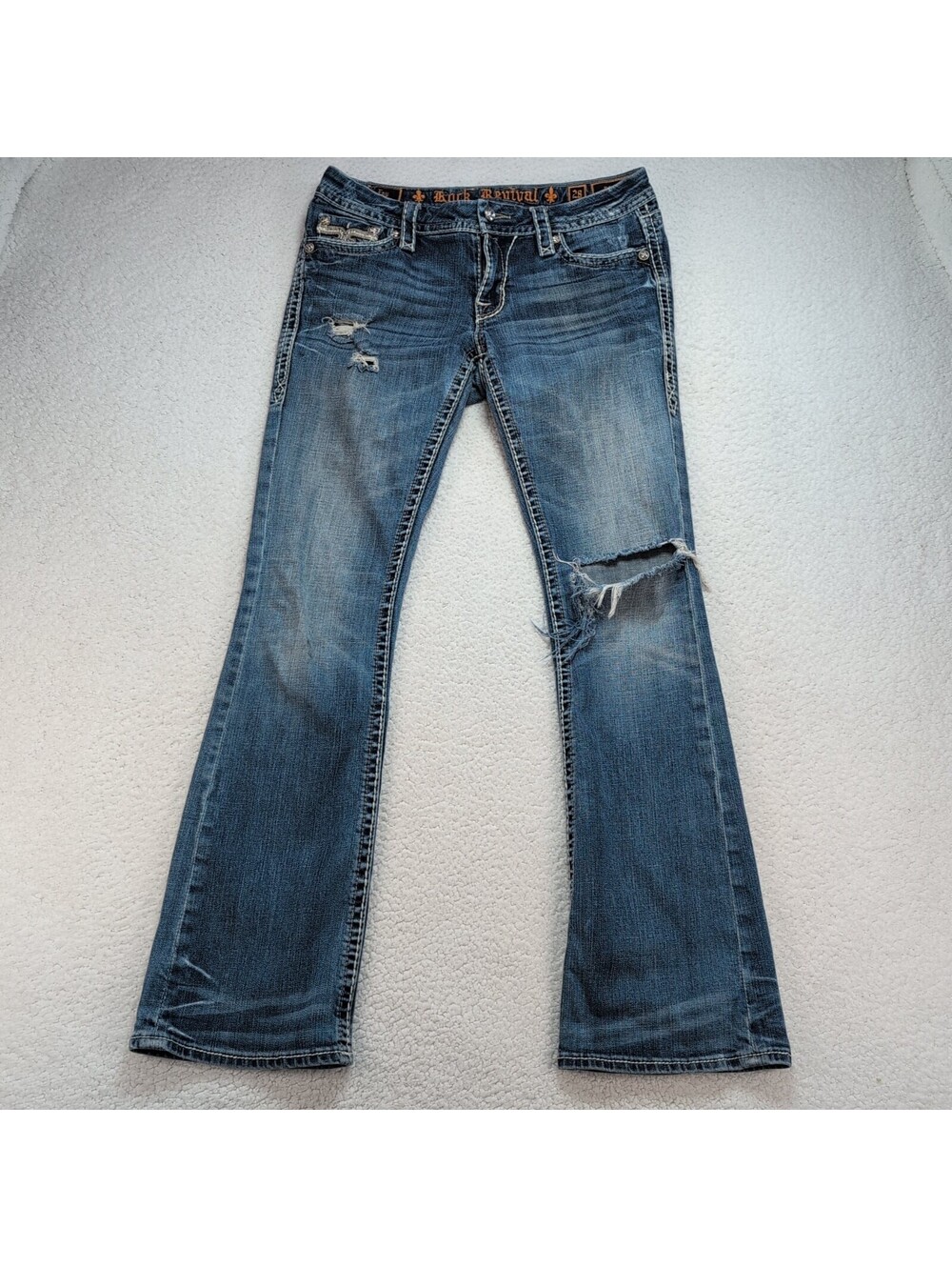 Rock Revival Fay Easy Boot Cut Jeans Womens 28 Distressed Flap Pocket Stretch